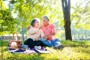 senior couple enjoying healthy summer snacks on a picnic outing