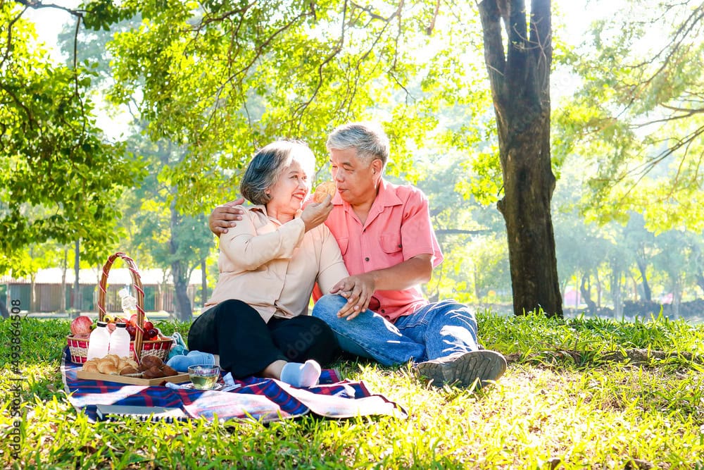 senior couple enjoying healthy summer snacks on a picnic outing