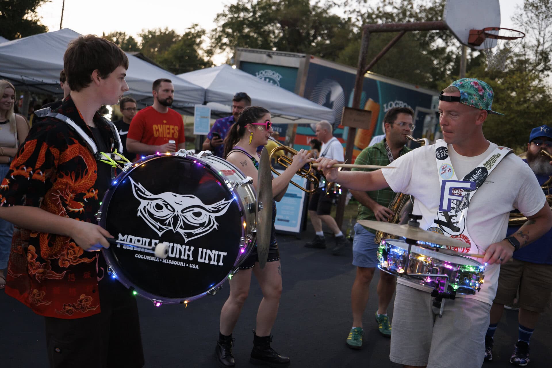 Two musicians playing the drums at the Biscuits Beats and Brews a free fall family friendly festivals in Columbia, Missouri